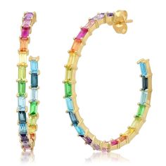 Rainbow is a trend that just isn't going away! Probably because it makes you so darn happy! And so will these earrings! 14k yellow, rose or white gold 5.54ctw assorted semiprecious gemstones 1.5" diameter By Eriness Please allow 2-6 weeks for delivery Baguette Hoop Earrings, Stephanie Gottlieb, The Bling Ring, Gold Bar Earrings, Rainbow Jewelry, Gold Ear Cuff, Ear Cuff Earings, Bar Earrings, Bracelet Collection