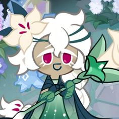 a cartoon character with white hair and red eyes holding a green flower in her hand