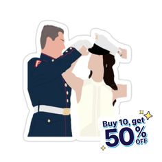 an image of a man and woman saluting each other with the caption buy 10 get 50 % off