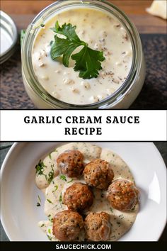 two pictures with different types of sauces and meatballs in them, one has parsley on top