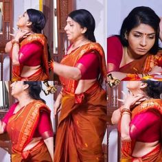 a woman in a red and orange sari is doing something on her head while another woman