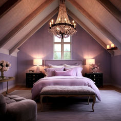 a bedroom with purple walls and a chandelier hanging from the ceiling