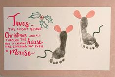 a christmas card with two feet and holly leaves on it, which reads twins the night before christmas and all through the house