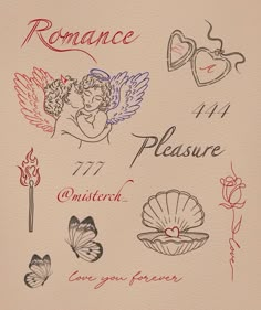 an image of some tattoos on the back of a sheet of paper that says romance