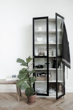 a black and white display cabinet with glass doors in the corner, next to a potted plant