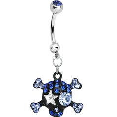 a blue and white crystal snowflake belly button navel bar with an ice star