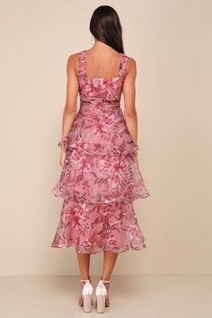 Everyone will be wowed when you walk in wearing the Lulus Dramatic Glamour Mauve Floral Organza Tiered Midi Dress! Airy woven organza boasts a moody floral print as it shapes wide tank straps and a square neckline. Banded waist boasts chic gathered details, atop a voluminous tiered skirt that falls to a long midi hem. Hidden zipper/clasp at side. Fit: This garment runs small - please size up. Length: Mid-calf length. Size medium measures 50.5" from shoulder to hem. Bust: Works best for A to C cu Feminine Organza Dress For Garden Party, Elegant Tiered Floral Dress, Elegant Spring Tiered Floral Dress, Feminine Chiffon Floral Dress For Party, Elegant Tiered Floral Dress For Spring, Spring Floral Print Organza Dress, Spring Floral Print Organza Midi Dress, Elegant Tiered Floral Dress For Garden Party, Chic Organza Dress For Garden Party