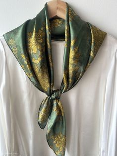 "**Apply SAVE15 promo code to get 15% off for orders of $60 or more until Feb 29th. (see shop announcement) Oriental style Chrysanthemum prints natural mulberry silk square scarf with size of 88 cm x 88 cm /35 in x 35 inch. Hand rolled edges. Rich green background colors, with antique-styled chrysanthemums, with a subtly vintage feel. The deep green border ties visually tie the scarf together, adding an elegant feel to the entire print. Versatile, smooth and lustrous silk charmeuse fabric, breat Scarfs Silk, Silk Hair Wrap, Scarf Aesthetic, Scarf Art, Silk Scarf Design, Green Silk Scarf, Charmeuse Fabric, Large Silk Scarf, Silk Neck Scarf