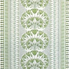 a green and white striped wallpaper with leafy designs on the border, in an ornate pattern