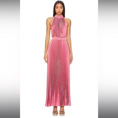 Us Size Six Spring Pink Pleated Evening Dress, Chic Pink Maxi Dress For Dinner, Spring Pink Evening Dress For Dinner, Chic Pink Evening Dress For Dinner, Feminine Spring Evening Dress For Dinner, Feminine Evening Dress For Spring Dinner, Spring Evening Dress For Dinner, Glamorous Spring Evening Dress For Dinner, Dresses Backless