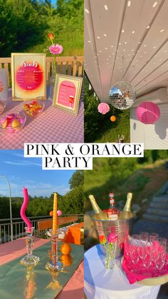 pink and orange party decorations on a table