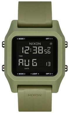 The Nixon Staple Digital Watch is made with #tide recycled ocean plastics, is as stylish as ever - but with an eco-friendly mission. The razor-thin profile, customizable display, and plush rubber-blend band make it easy to wear, while the chic and modern design makes it easy on the eyes. Product Features DesignSustainable materials and low-profile performance drive the Staple's design cues. A pair of perfectly broken-in skate shoes is an excellent analog to this watch's all-day comfort and relia Surf Watch, Watch Image, Nixon Watch, Green Cases, Tactical Clothing, Thinking Outside The Box, Analog Watch, Watch Model, Nixon