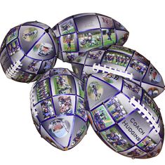 four footballs are stacked on top of each other with pictures of the same team