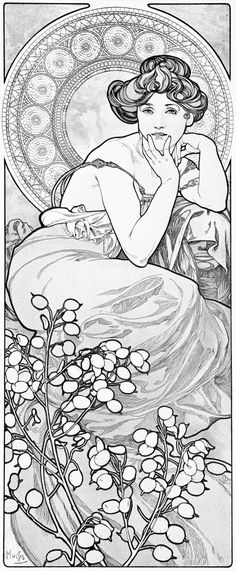 a black and white drawing of a woman laying on a bed with flowers in the foreground