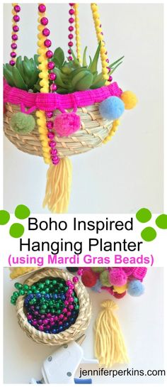 a hanging planter made out of yarn and beads with text overlay reading boho inspired hanging planter using mardi gras beads