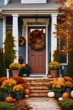 the front door is decorated for fall with pumpkins and gourds on the steps