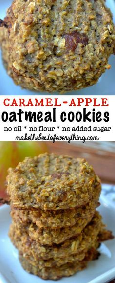 some oatmeal cookies stacked on top of each other with the words caramel - apple oatmeal cookies