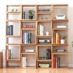 a book shelf filled with lots of books on top of a hard wood floor next to a potted plant