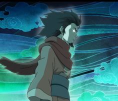 an anime character with long black hair standing in front of clouds