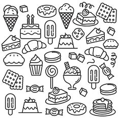 a set of doodle style food and desserts, such as cake, ice cream, lollipop, cookies, waffles