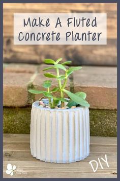 a white planter sitting on top of a wooden deck with text overlay reading make a fluted concrete planter