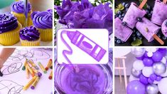 purple and white decorations are featured in this collage, including cupcakes, cake pops, balloons, and more