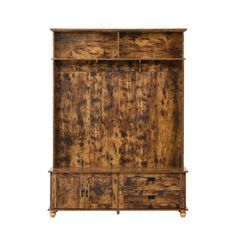 an old wooden shelf with two doors and three drawers on one side, against a white background