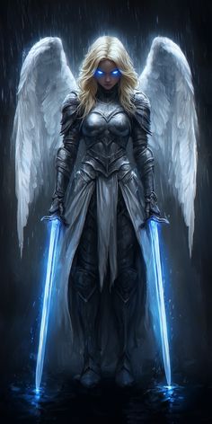 an angel standing in the rain holding two swords with glowing eyes and wings on it