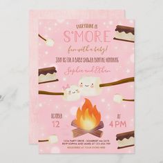 a pink birthday party card with marshmallows and fire