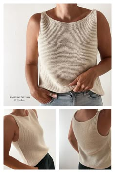 three photos of a woman wearing a tank top and jeans, with her hands in her pockets