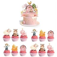 there are many cupcakes that have animals on them in the shape of houses