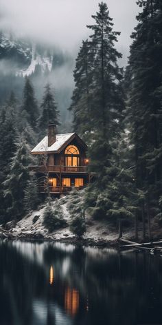 a cabin in the middle of a lake surrounded by trees