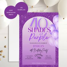 purple birthday party flyer with balloons and confetti