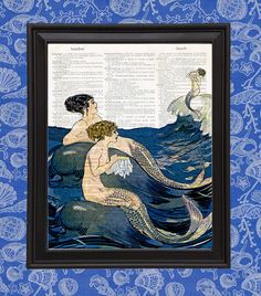 an image of a mermaid sitting on the back of a whale in blue and white