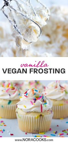 vanilla vegan frosting on top of cupcakes with sprinkles