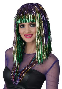 PRICES MAY VARY. Size: Standard Wig is metallic tinsel "hair" Tinsel is attached to polyester mesh wig cap Wig cap has elastic in edge for snug fit NOTE: THIS ITEM IS NOT RETURNABLE IF YOU HAVE OPENED THE PACKAGE Tinsel Wig, Futuristic Hair, Priority List, Hair Tinsel, Costumes Diy, Mardi Gras Costumes, King Cake, Bandana Hairstyles, Elegant Updo