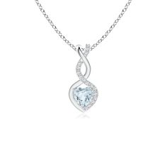 A diamond studded strip entwines with a lustrous metal strip to form an ornate infinity. Floating amid the graceful infinity is an icy blue heart-shaped aquamarine in a prong setting. The sparkling diamonds infuse a captivating edge to this silver infinity twist pendant. Light Blue Diamond Necklace For Anniversary, Light Blue Diamond Accented Jewelry For Anniversary, Elegant Light Blue Jewelry With Diamond Accents, Elegant Diamond White Aquamarine Jewelry, Anniversary Aquamarine Necklace With Diamond Accents, Elegant Infinity Jewelry With Accent Stones, Infinity Heart, Aquamarine Pendant, Solitaire Pendant Necklace