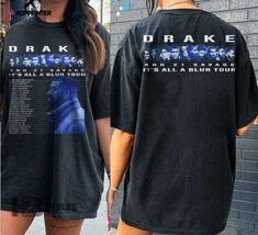 a woman wearing a black t - shirt with the words drakke on it