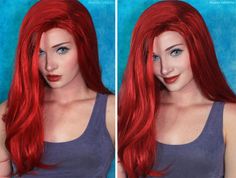 a woman with long red hair and blue eyes is shown in two different pictures, one showing