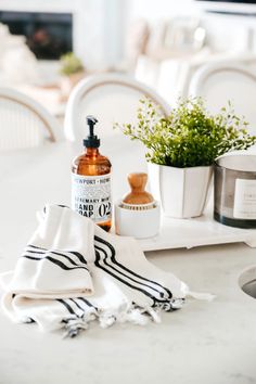 a bottle of soap sitting on top of a counter next to a potted plant