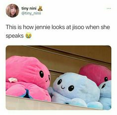 two pink and blue stuffed animals sitting next to each other on a shelf with text that reads, this is how jennyie looks at its too when she speaks