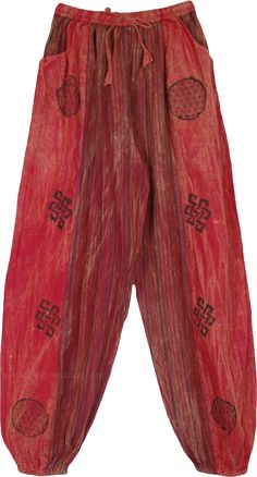 These stonewashed ankle tight harem pants are split straight up into two shades - crimson red solid to merlot dark stripes on the inside.  The unisex harem style pants come with pockets, elastic waistband, and elastic ankle cuff and they showcase attractive hippie style geometrical symbol stamps that are spread throughout. #tlb #SplitSkirtsPants #Stonewash #Yoga #vacationclothing #bohemianfashion #CottonHaremPants Red Harem Bottoms For Festival, Red Hippie Harem Pants For Festival, Red Hippie Style Pants For Festival, Red Hippie Pants For Festival, Red Harem Pants For Festival, Red Baggy Harem Pants, Casual Red Harem Pants For Festival, Harem Yoga Pants, Mundo Hippie