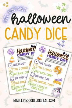 two printable halloween candy dice game cards