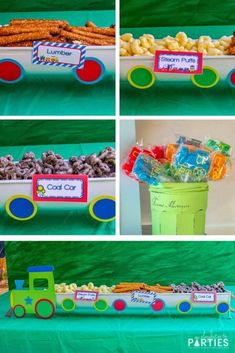 a train themed birthday party with lots of food