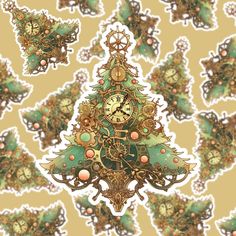 an ornate christmas tree clock surrounded by gold and green ornaments on a beige background with red berries