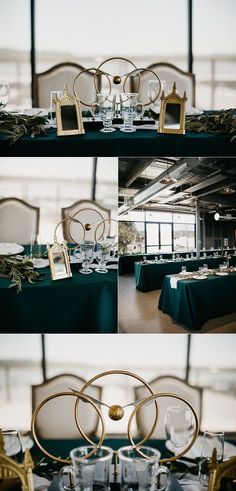 the table is set with gold and green decorations