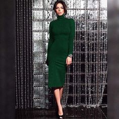 Simple Fashion High Neck Long Sleeve Bodycon Knee-length Dress Winter Long Sleeve Midi Dress For Club, Elegant Green Long Sleeve Bodycon Dress, Fitted Long Sleeve Midi Dress For Club, Green Long Sleeve Fitted Midi Dress, Fitted Green Long Sleeve Midi Dress, Winter Knee-length Non-stretch Bodycon Dress, Stretch Long Sleeve Midi Dress For Club, Fitted Midi Dress For Winter Night Out, Winter Bodycon Midi Dress For Night Out