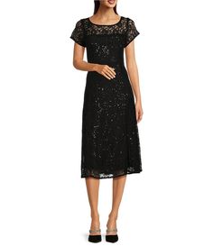 Ignite Evenings Round Neck Short Sleeve Sequin Lace Midi Dress | Dillard's Elegant A-line Midi Dress With Scalloped Lace, Chic Midi-length Scalloped Lace Dress, Black Tie Optional Wedding Guest Dress, Elegant Black Midi Dress With Scalloped Lace, Black Midi-length Lace Dress For Spring, Scalloped Lace Cocktail Dress, Midi Length, Black Tie Optional Wedding, Lace Top Dress, Black Tie Wedding Guests