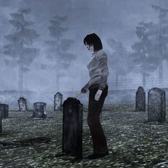 a woman standing in the middle of a graveyard with her hand on a black suitcase