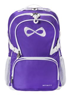 a purple backpack with an infinite symbol on the front and side pocket, zippered at the bottom